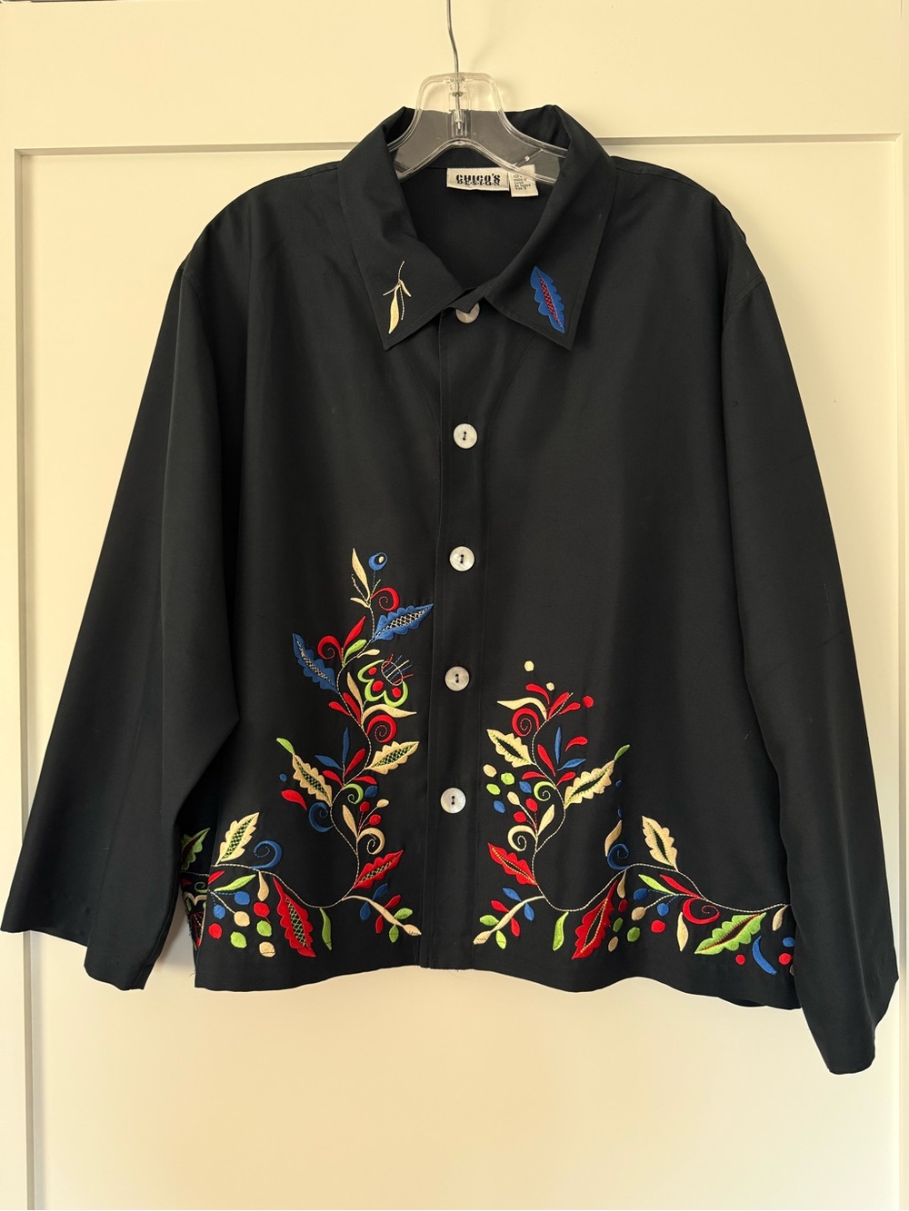 Chico’s Embroidered Black Button-Front Silk Jacket Size 3